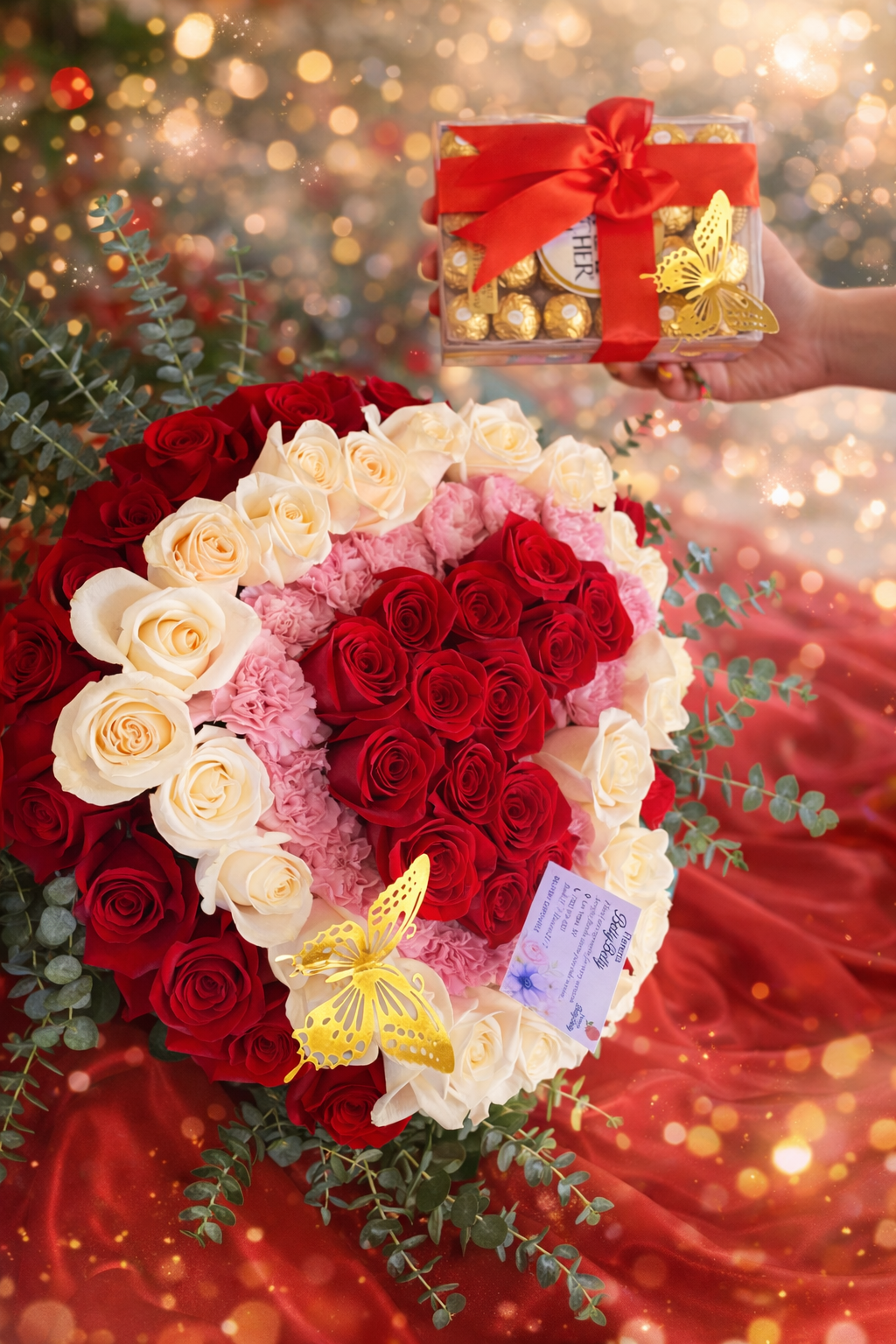 Corazón de Amor con Rosas y Chocolates Ferrero